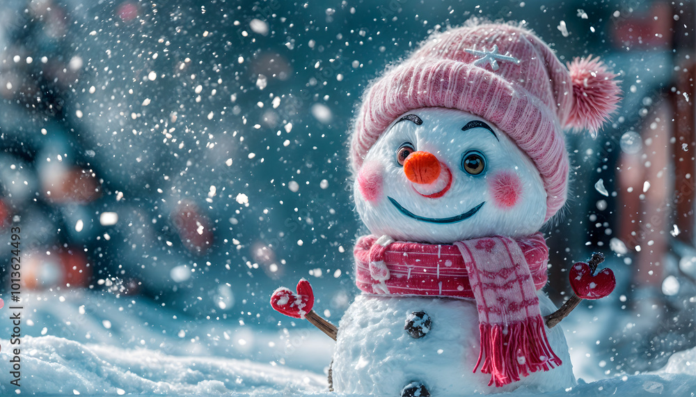 Cute snowman with hat and scarf in a snowy winter. Scene with falling snowflakes and cozy atmosphere Cute snowman with hat and scarf in a snowy winter. Scene with falling snowflakes and cozy atmosphere