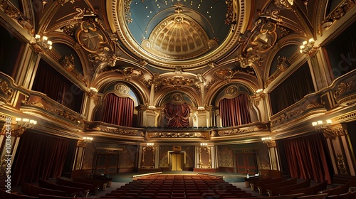 Interior of a theater with red curtains and seats