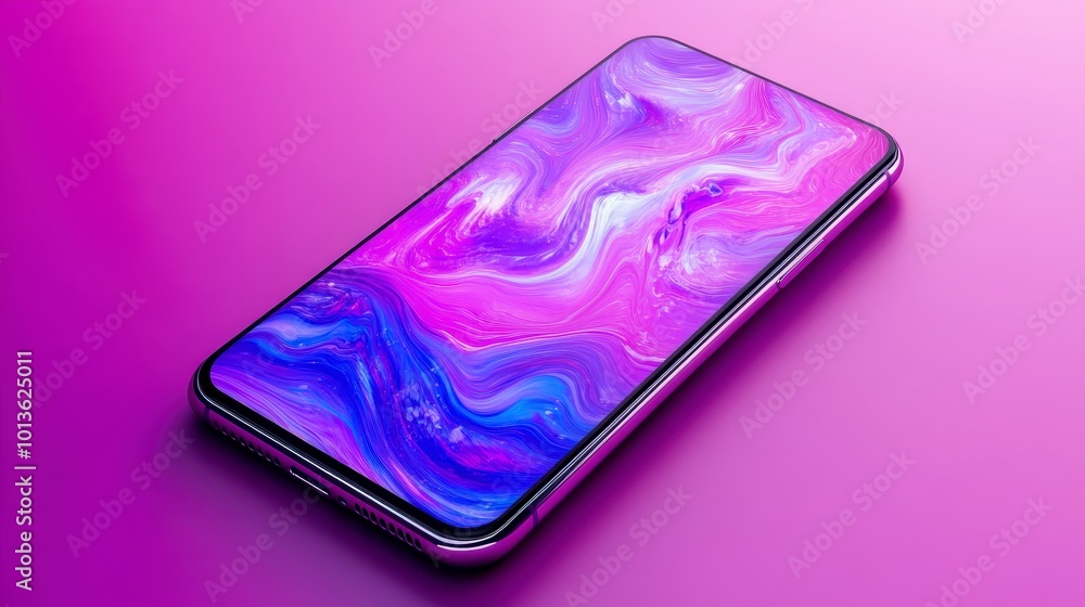 Sleek smartphone with vibrant abstract pink and purple swirling design Sleek smartphone with vibrant abstract pink and purple swirling design