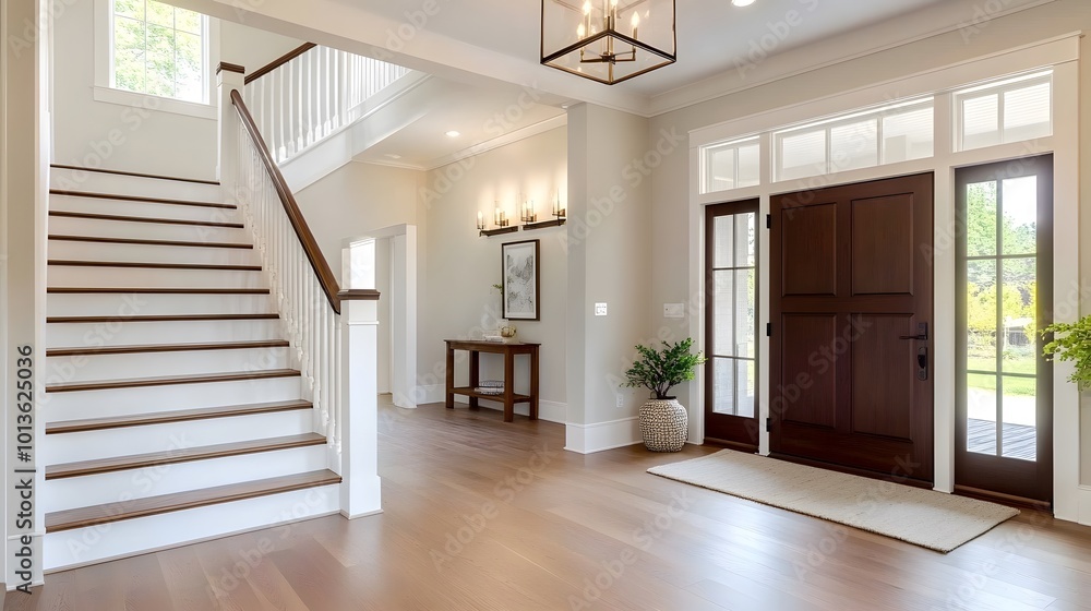 Bright and airy entry foyer with a white staircase, light hardwood flooring, and a dark walnut front door Bright and airy entry foyer with a white staircase, light hardwood flooring, and a dark walnut front door