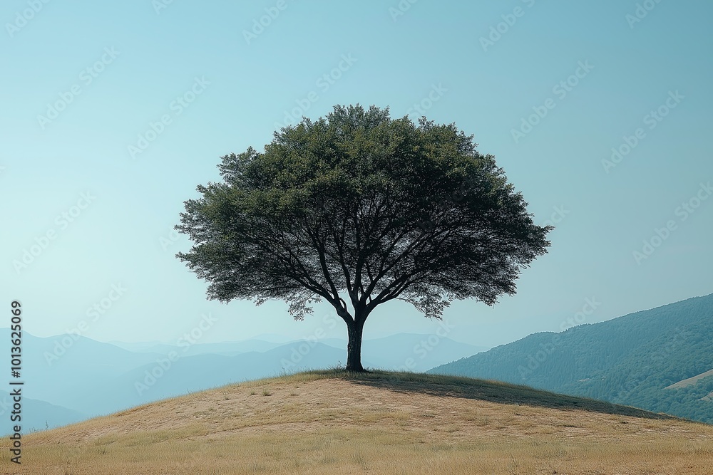 Obraz premium A solitary tree on a hilltop overlooking distant mountains during a clear day