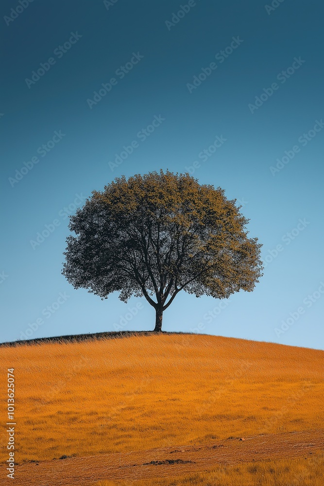 A solitary tree stands on a golden hill against a clear blue sky during midday A solitary tree stands on a golden hill against a clear blue sky during midday