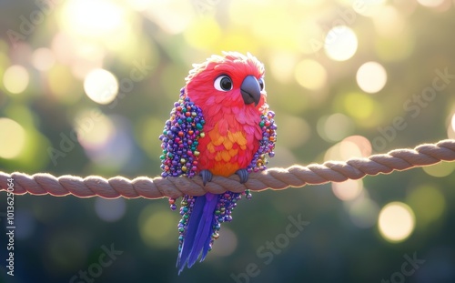 An energetic tropical bird perched playfully on a rope amidst colorful lights in a festive celebration at dusk photo