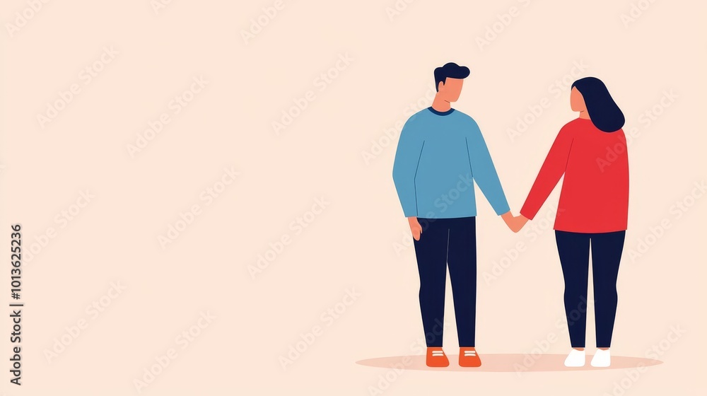Couple holding hands, one pulling away, tension and sadness, flat design illustration, copy space for text, Couple holding hands, one pulling away, tension and sadness, flat design illustration, copy space for text,