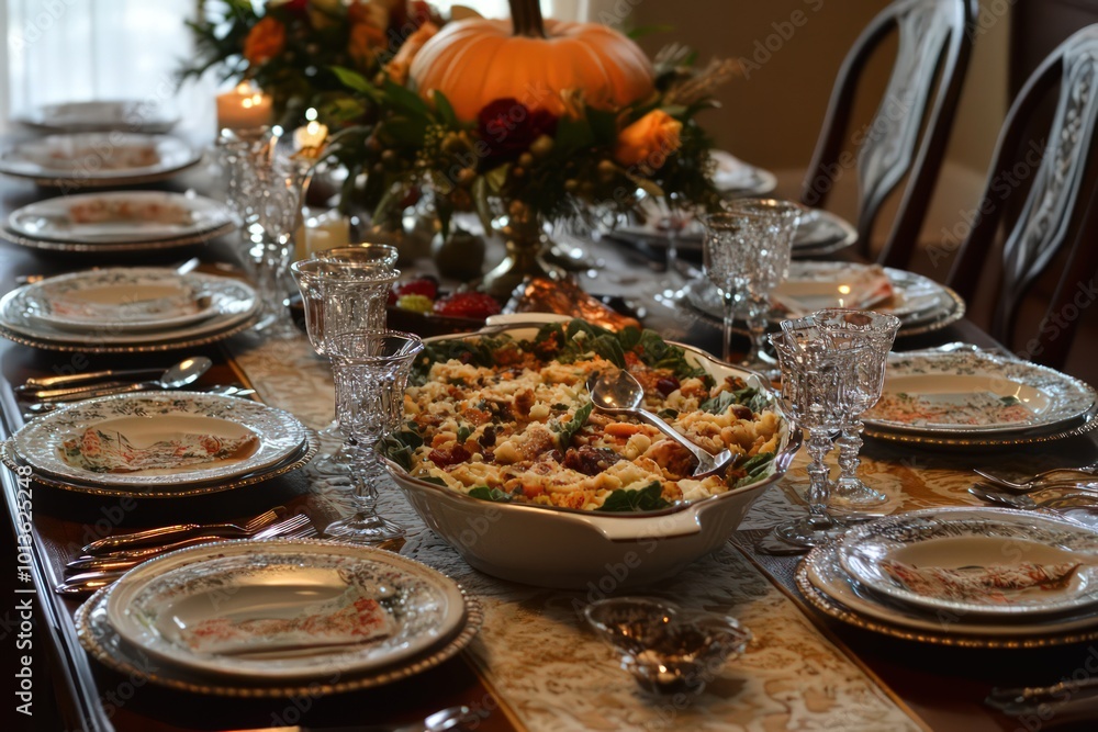 A festive Thanksgiving table set with a delicious meal. A festive Thanksgiving table set with a delicious meal.
