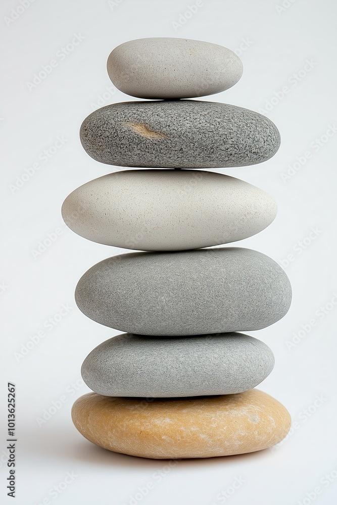 A carefully balanced stack of smooth pebbles in shades of gray and beige on a plain background A carefully balanced stack of smooth pebbles in shades of gray and beige on a plain background