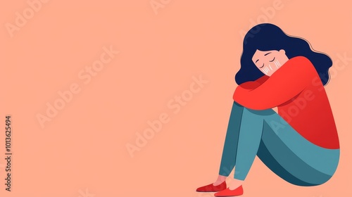 Person hugging knees, tearful face, emotional vulnerability, flat design illustration, copy space for text,