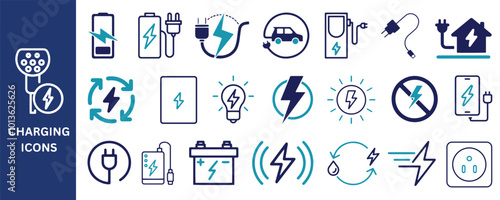 Set of charging Icon. Battery, energy, electric car, charger, electricity, recharge icons Vector.