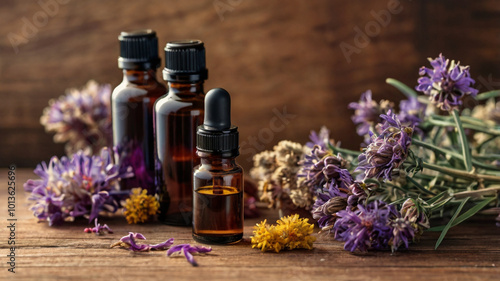 Dried Flowers and Oils on Wooden Surface