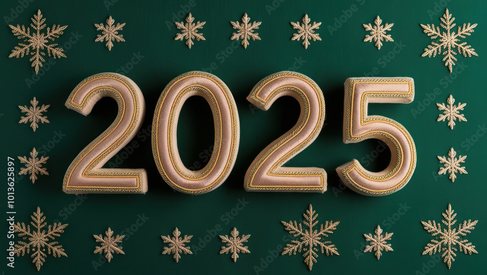 Golden embroided numbers 2025 on emerald background with embroided snowflakes. New Year and Christmas concept. AI banner Golden embroided numbers 2025 on emerald background with embroided snowflakes. New Year and Christmas concept. AI banner
