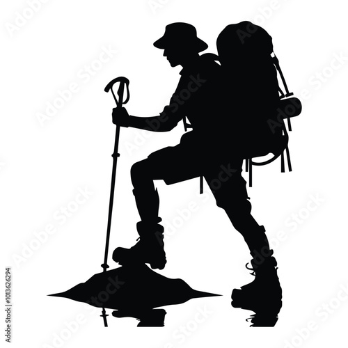 A black and white illustration depicting a man carrying a backpack and holding a camera, ready for an adventure