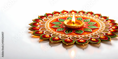 3D Glossy Diwali rangoli with glowing elements and intricate designs creating a vibrant and festive background concept as A detailed background image featuring a glossy Diwali rangoli with glowing ele photo