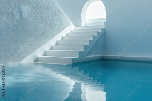 Modern architectural design featuring stairs leading to a serene pool under a bright blue sky