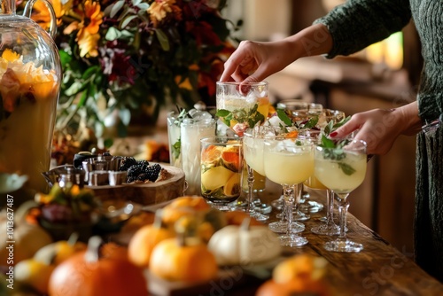 A person arranging a Thanksgiving cocktail hour with signature drinks.  photo