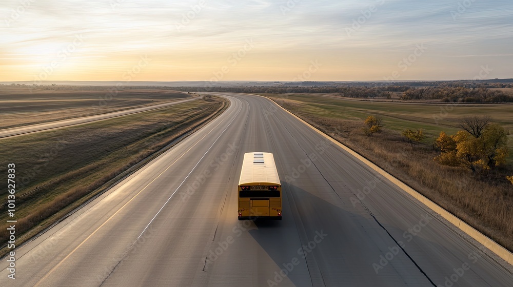 A solitary yellow school bus drives along a deserted highway in the Great Plains as the sun sets, creating a dramatic sky filled with warm colors and soft light A solitary yellow school bus drives along a deserted highway in the Great Plains as the sun sets, creating a dramatic sky filled with warm colors and soft light