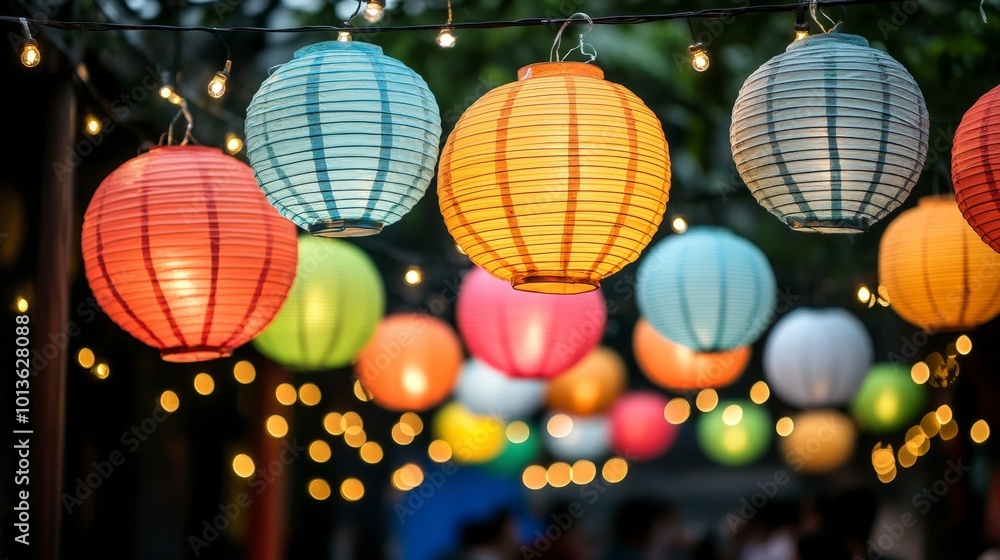 Fototapeta premium Colorful paper lanterns hanging with string lights in outdoor nighttime setting