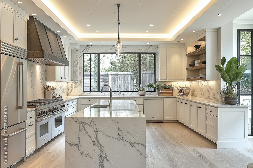 Contemporary kitchen with marble island and modern appliances designed for a bright atmosphere Contemporary kitchen with marble island and modern appliances designed for a bright atmosphere