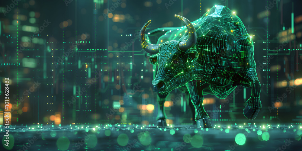Stock market bull trading up. Symbolizing rising stock market, green colored. Abstract concept of wall street business, bull market trader, crypto currency trading. Generative AI Stock market bull trading up. Symbolizing rising stock market, green colored. Abstract concept of wall street business, bull market trader, crypto currency trading. Generative AI