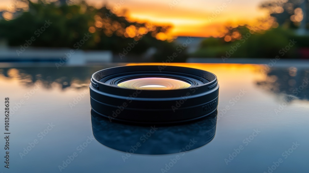 Camera lens reflecting sunset on glossy surface with blurred background Camera lens reflecting sunset on glossy surface with blurred background