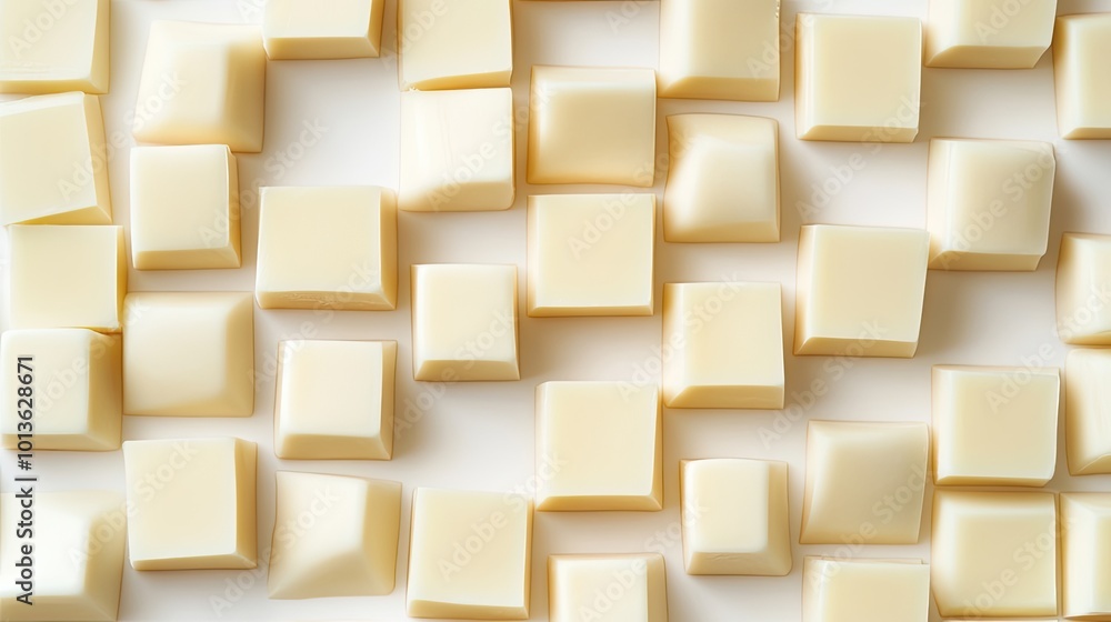 A close-up of butter cubes neatly arranged on a white background. The smooth, creamy texture of the butter is emphasized in a simple, elegant setting. A close-up of butter cubes neatly arranged on a white background. The smooth, creamy texture of the butter is emphasized in a simple, elegant setting.