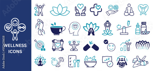 Wellness Icon Set. Wellness massage, diet, yoga, relaxation, health, exercise, meditation icons.