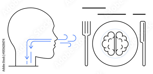 Silhouette of a human head with arrows indicating breathing, next to a plate with a brain, fork, and knife. Ideal for mental health, mind feeding, nutrition, breathing exercises, cognitive wellness