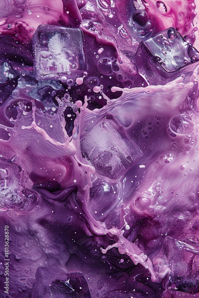 Close-up of crystal-clear ice cubes splashing in a smooth, vibrant pink liquid, creating a dynamic and refreshing visual with bubbles and droplets.
Close-up of crystal-clear ice cubes splashing in a smooth, vibrant pink liquid, creating a dynamic and refreshing visual with bubbles and droplets.