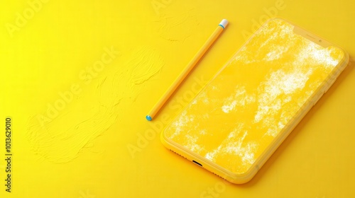 Yellow smartphone and stylus on a textured yellow background photo