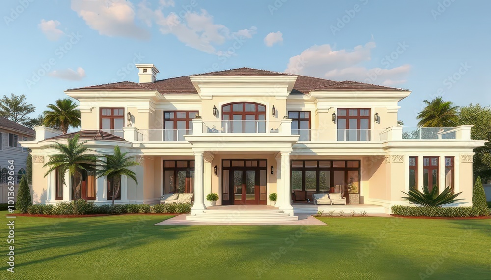 Beautiful architectural solution, modern architectural design of the house with panoramic windows. Green area. Elite property Beautiful architectural solution, modern architectural design of the house with panoramic windows. Green area. Elite property