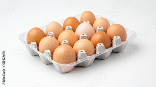 A close-up view of eggs in an eco-friendly carton, placed on a white background. The clear packaging emphasizes the eggs freshness and market-readiness.