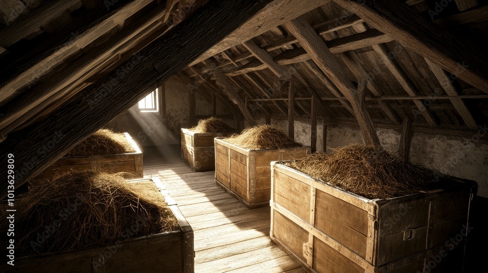 Rustic wooden attic with crates of hay in natural sunlight Rustic wooden attic with crates of hay in natural sunlight