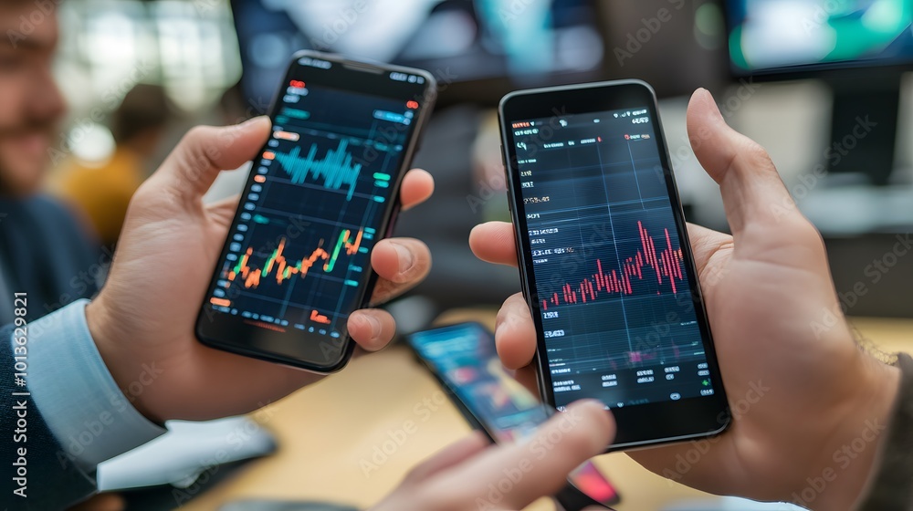 Business people using smartphones displaying forex diagrams and candlesticks, highlighting modern finance and trading in a meeting setting Business people using smartphones displaying forex diagrams and candlesticks, highlighting modern finance and trading in a meeting setting