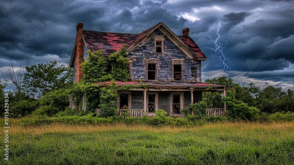 Abandoned house with overgrown plants and stormy sky with lightning Abandoned house with overgrown plants and stormy sky with lightning