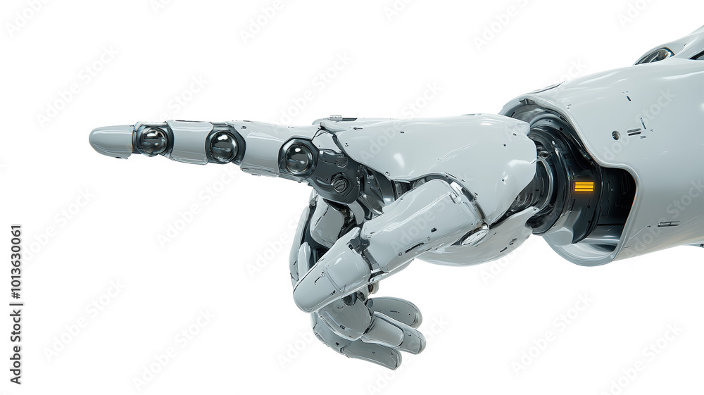 Futuristic White Robotic Arm Pointing, Sleek Mechanical Hand Gesture, Advanced Technology Concept, AI and Automation Innovation, Prosthetic on Light Background Futuristic White Robotic Arm Pointing, Sleek Mechanical Hand Gesture, Advanced Technology Concept, AI and Automation Innovation, Prosthetic on Light Background
