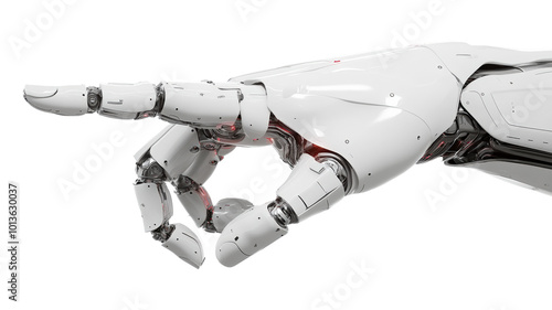 Futuristic White Robotic Arm Pointing, Sleek Mechanical Hand Gesture, Advanced Technology Concept, AI and Automation Innovation, Prosthetic on Light Background
