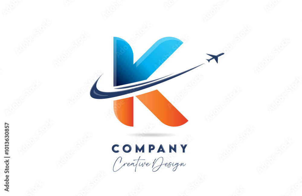K corporate letter alphabet logo icon design with swoosh plane suitable for an air or aerospace travel company or business K corporate letter alphabet logo icon design with swoosh plane suitable for an air or aerospace travel company or business