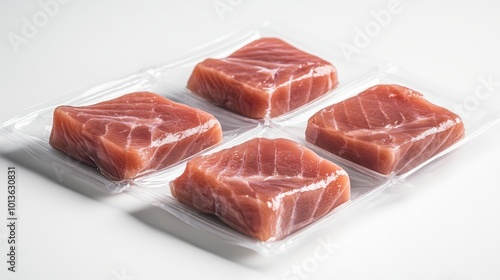 A package of raw tuna steaks sealed in eco-friendly plastic, resting on a white background, ideal for advertising fresh seafood.