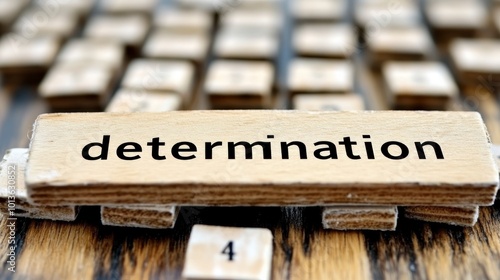 Scrabble piece with the word determination on a wooden tile photo