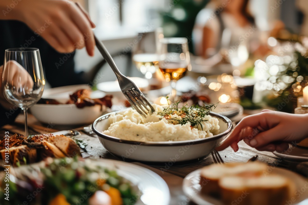 A person serving mashed potatoes at the Thanksgiving table. A person serving mashed potatoes at the Thanksgiving table.