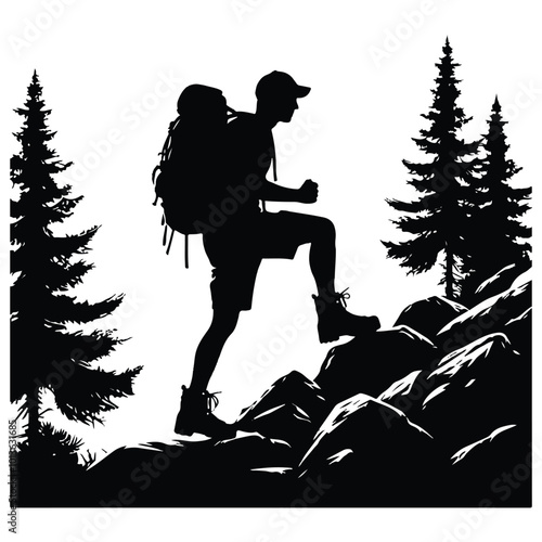 A black and white illustration depicting a man carrying a backpack and holding a camera, ready for an adventure