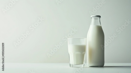 A simple yet elegant arrangement of fresh milk in a glass next to a milk bottle on a crisp white background. The clean presentation emphasizes the product's purity.