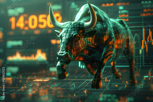 Stock market bull trading up. Symbolizing rising stock market, green colored. Abstract concept of wall street business, bull market trader, crypto currency trading. Generative AI