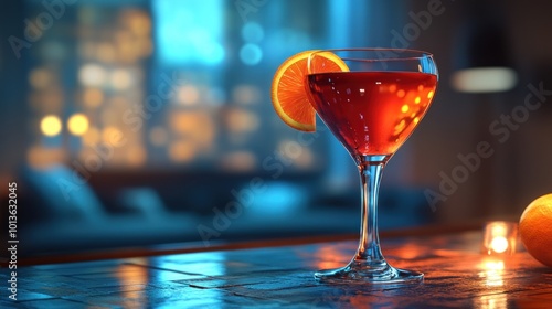 A vibrant cocktail glass with an orange slice on a bar, illuminated by soft lighting.