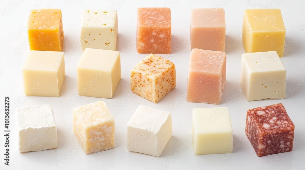 Assorted cheese cubes neatly arranged on a white background, showcasing a variety of flavors and textures. The clean presentation emphasizes the product's quality. Assorted cheese cubes neatly arranged on a white background, showcasing a variety of flavors and textures. The clean presentation emphasizes the product's quality.
