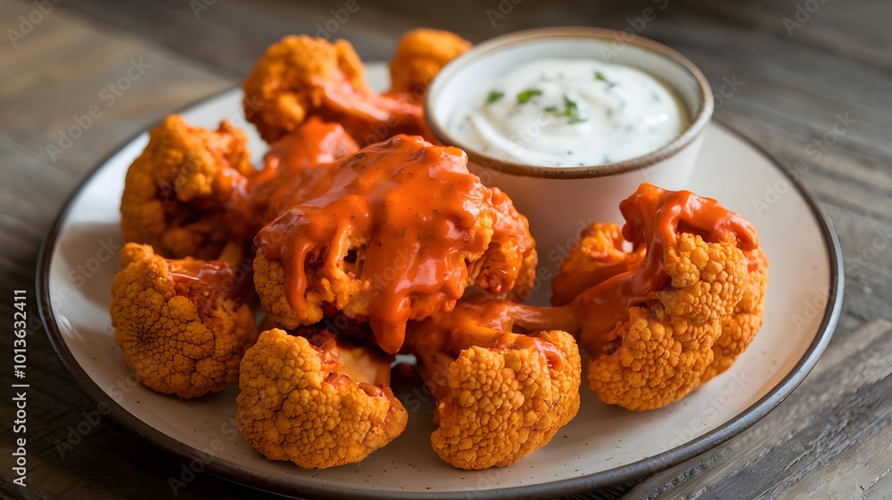 Crispy Cauliflower Buffalo Wings, A plant-based take on buffalo wings, featuring crispy cauliflower coated in spicy buffalo sauce, served with vegan ranch. Crispy Cauliflower Buffalo Wings, A plant-based take on buffalo wings, featuring crispy cauliflower coated in spicy buffalo sauce, served with vegan ranch.