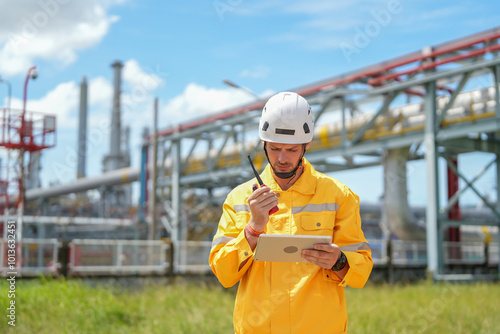 portrait refinery worker wears safety and harthat using walkie talkie communicate with team while inspection in oil refinery industry photo