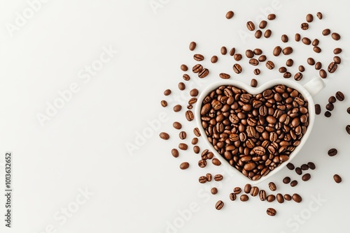 An illustration of a cup of coffee that resembles a heart on top of coffee beans.