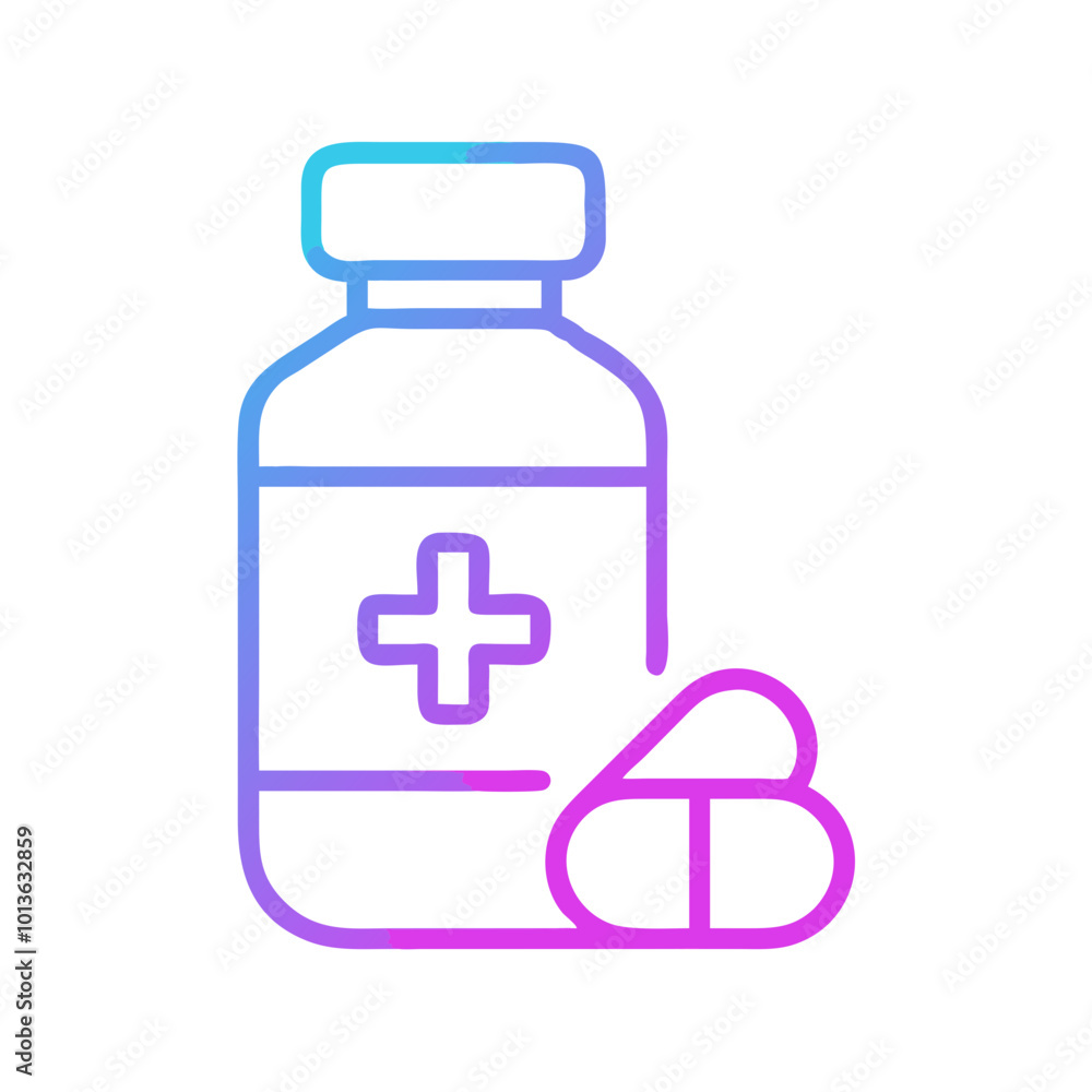 Medicine bottle with pills in gradient outline vector style. Medicine bottle with pills in gradient outline vector style.