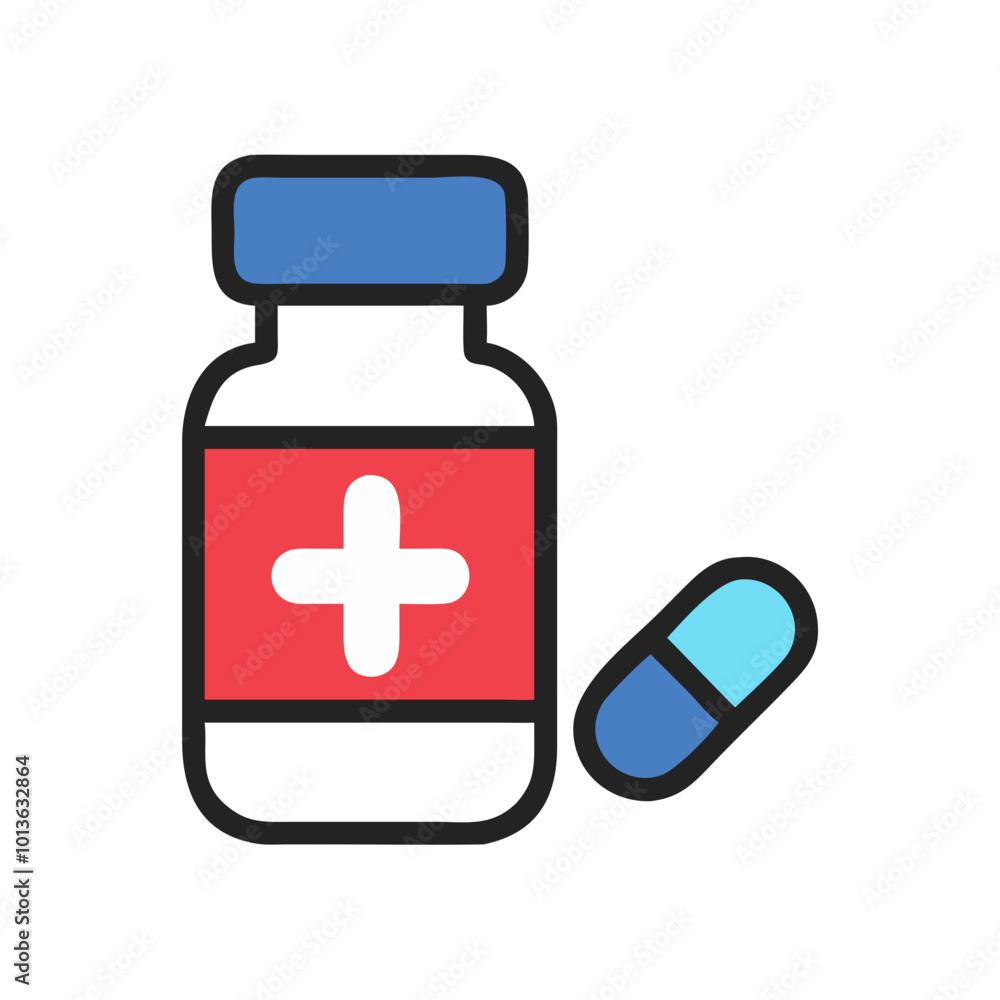 Medicine bottle with red label and pill icon in vector style. Medicine bottle with red label and pill icon in vector style.