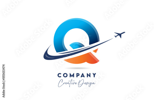 Q corporate letter alphabet logo icon design with swoosh plane suitable for an air or aerospace travel company or business